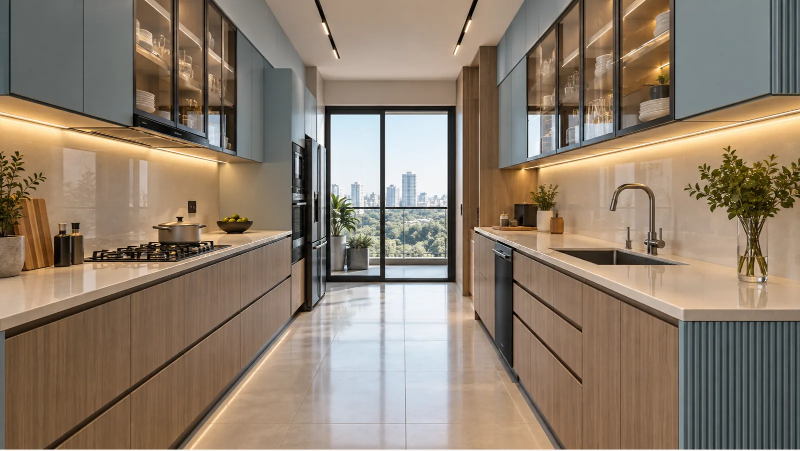 Concept render of ash Wood and Misty Blue Parallel Kitchen Design with Fluted Accent