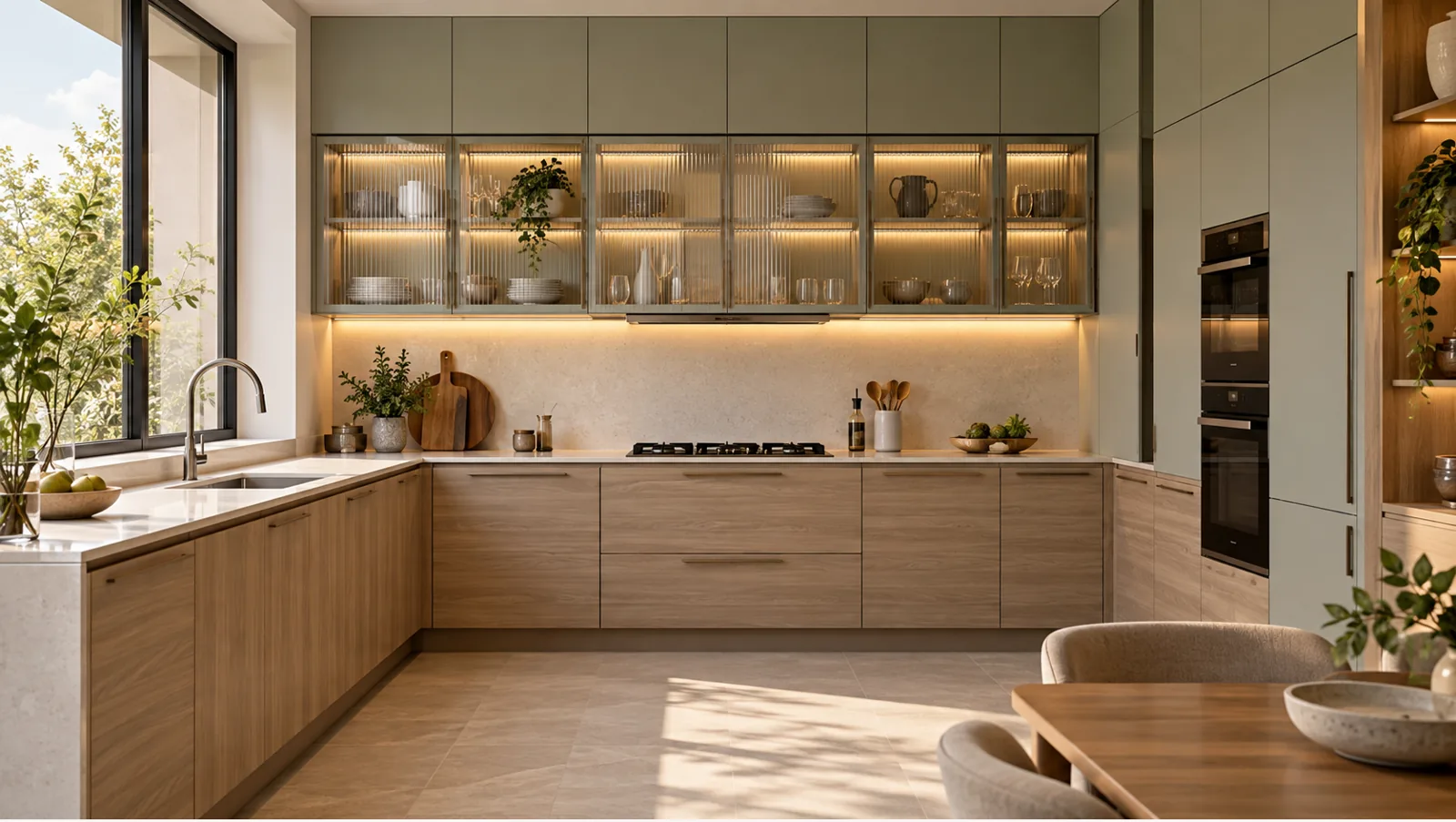 Concept render of ash Wood and Soft Sage L-Shaped Kitchen Design with Breakfast Counter