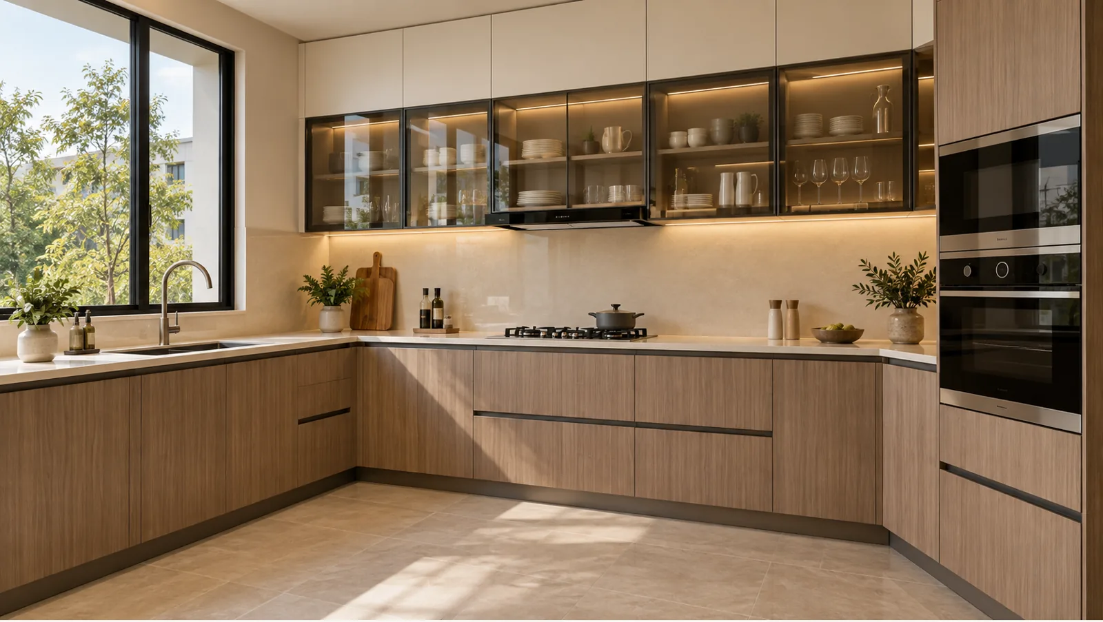 Concept render of ash Wood and White L-Shaped Kitchen Design with Glass Overheads