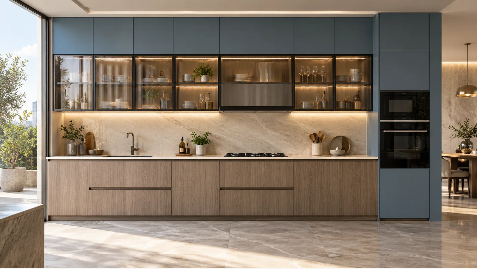 Concept render of ash Wood-Look Straight Kitchen Design with Misty Blue Cabinets
