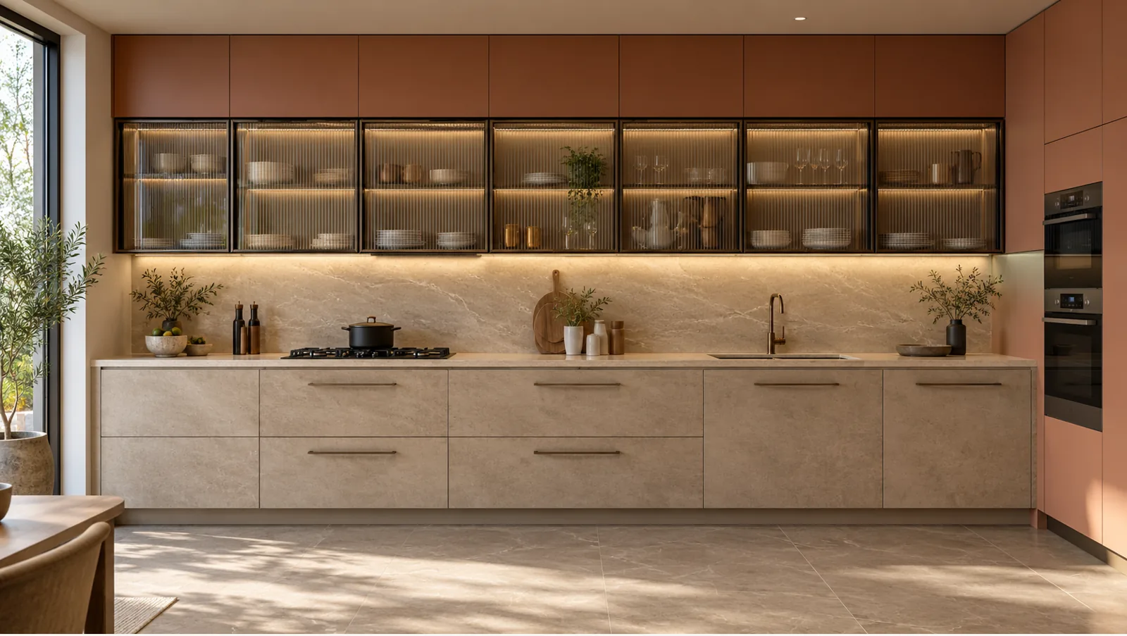 Concept render of beige and Cedar Straight Kitchen Design with Glass Display Cabinets