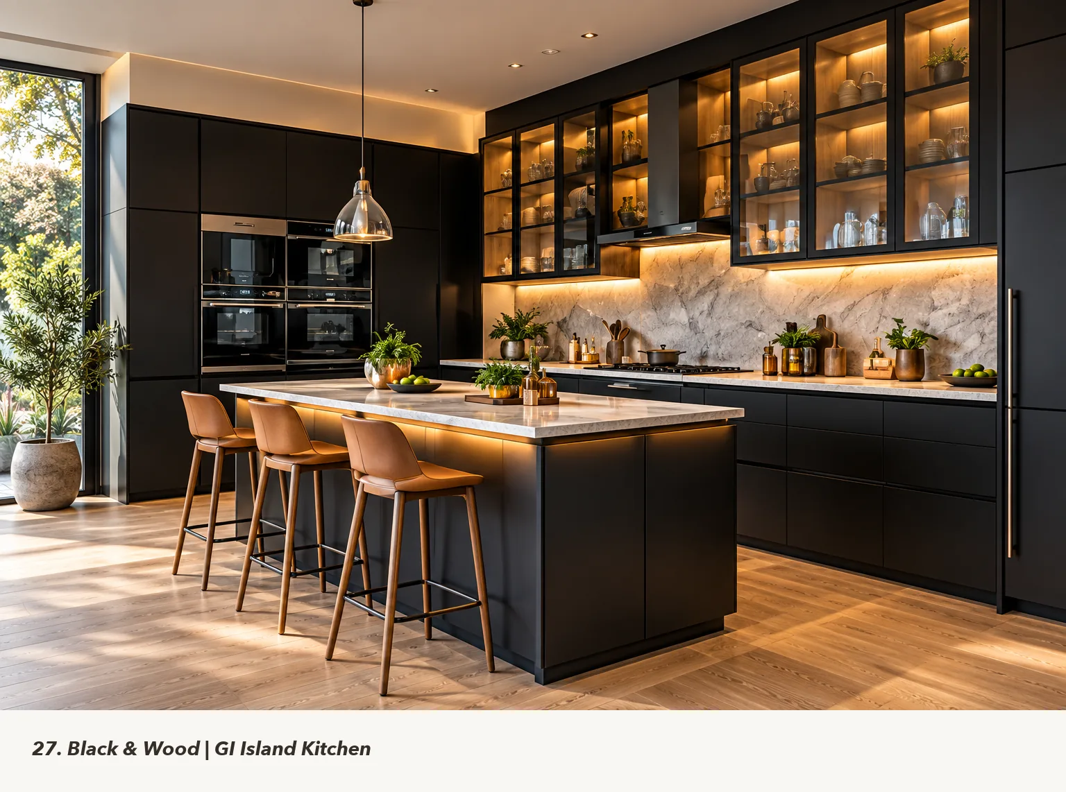 Concept render of black and Wood Island Kitchen Design with Glass Cabinets