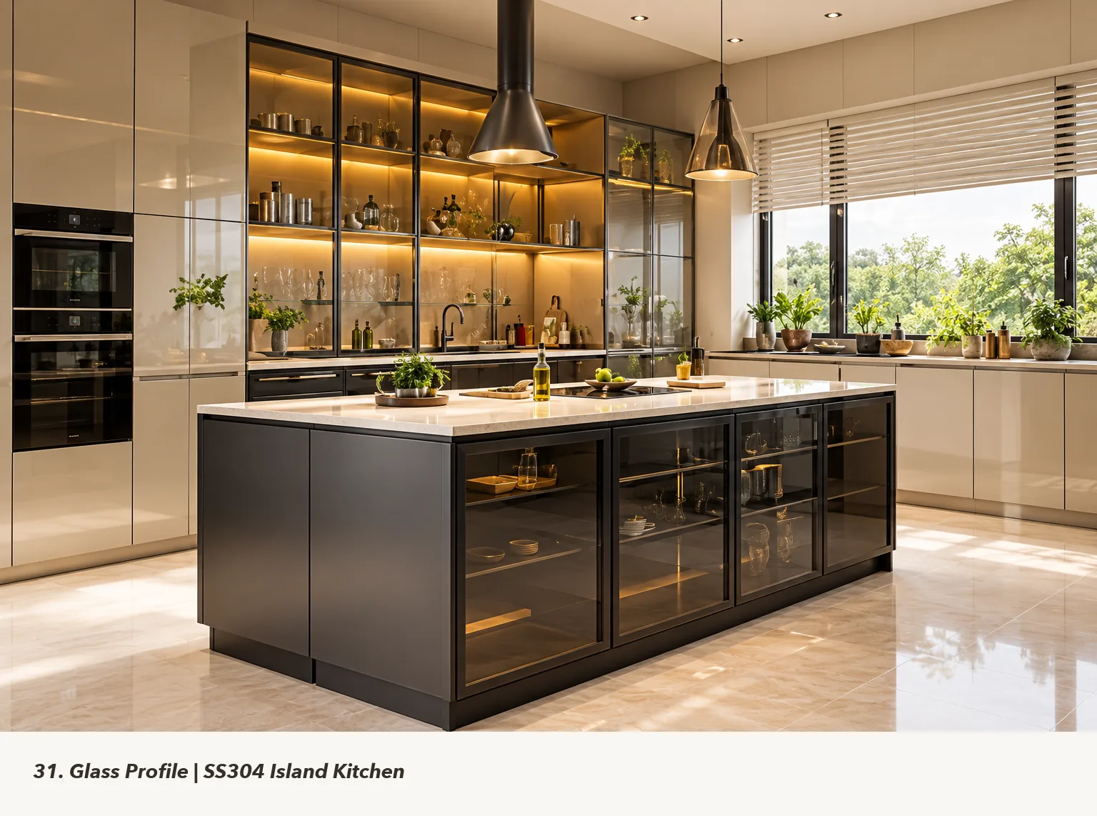 Concept render of black Island Kitchen Design with Glass-Profile Base Cabinets