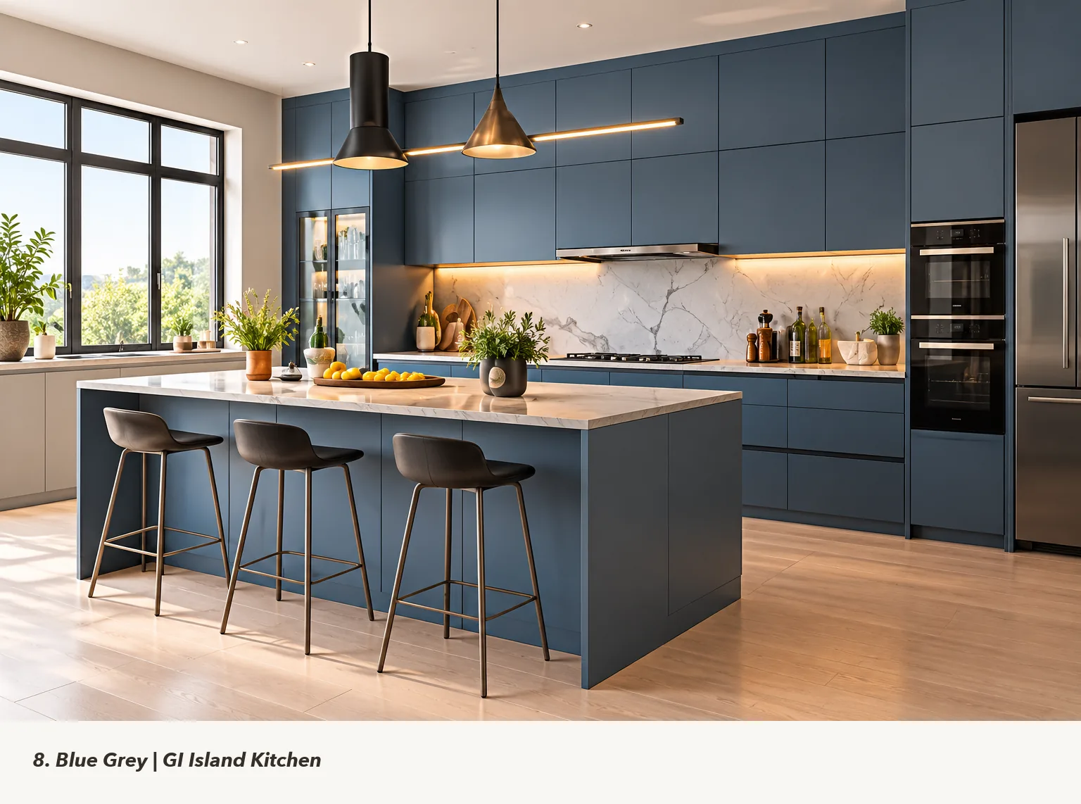 Concept render of blue-Grey Island Kitchen Design with Pendant Lighting