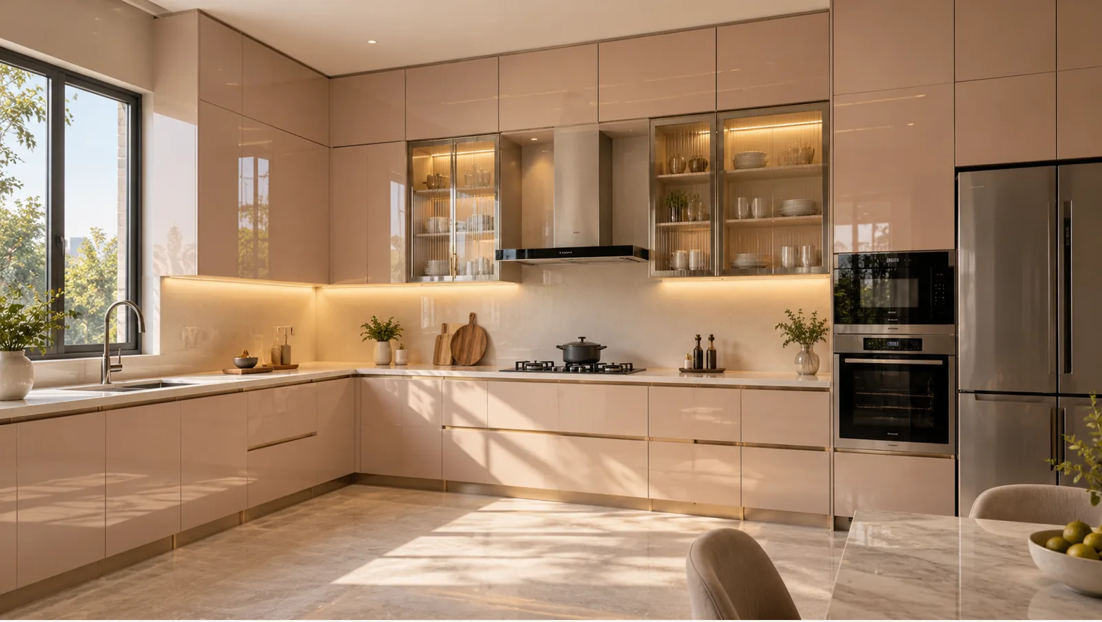 Concept render of blush Beige L-Shaped Kitchen Design with Glossy Cabinetry