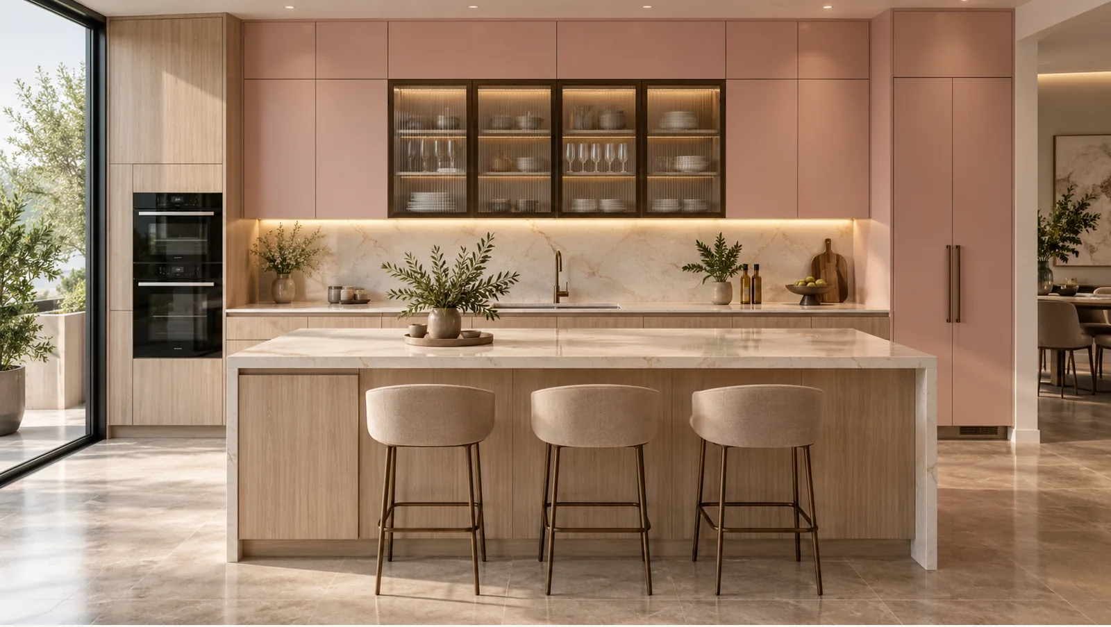 Concept render of blush Pink Island Kitchen Design with Light Wood Cabinets