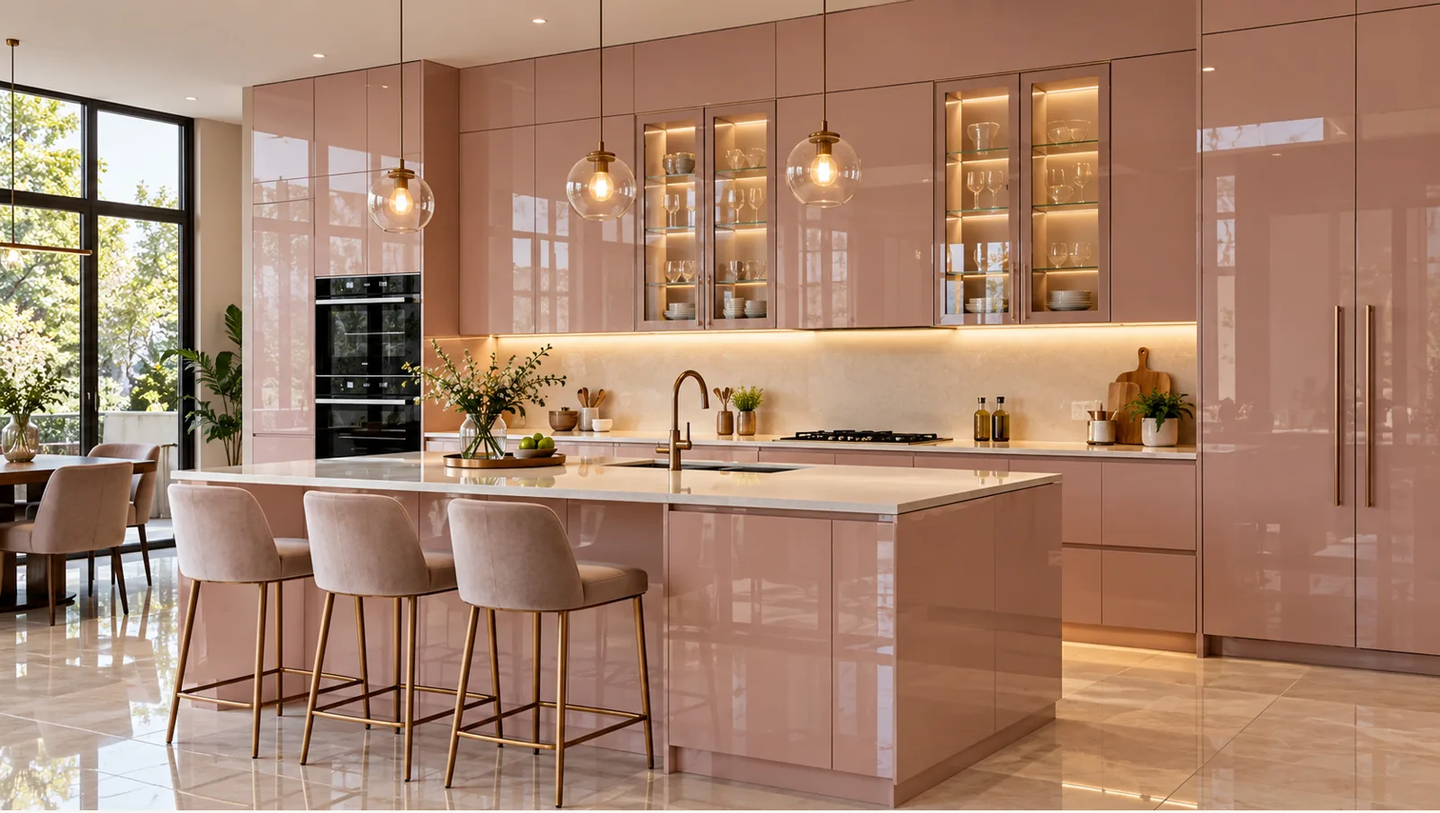 Concept render of blush Rose Island Kitchen Design with Glossy Cabinets