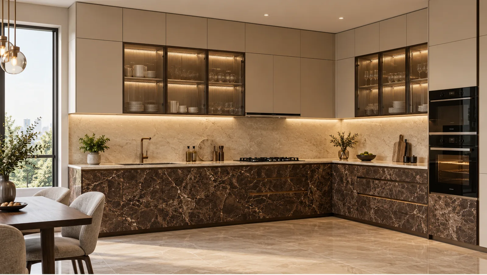 Concept render of brown Marble-Look L-Shaped Kitchen Design with Cream Overheads