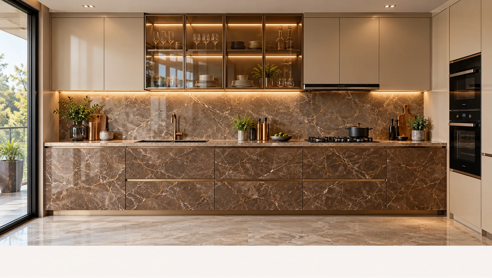 Concept render of brown Marble-Look Straight Kitchen Design with Champagne Cabinets