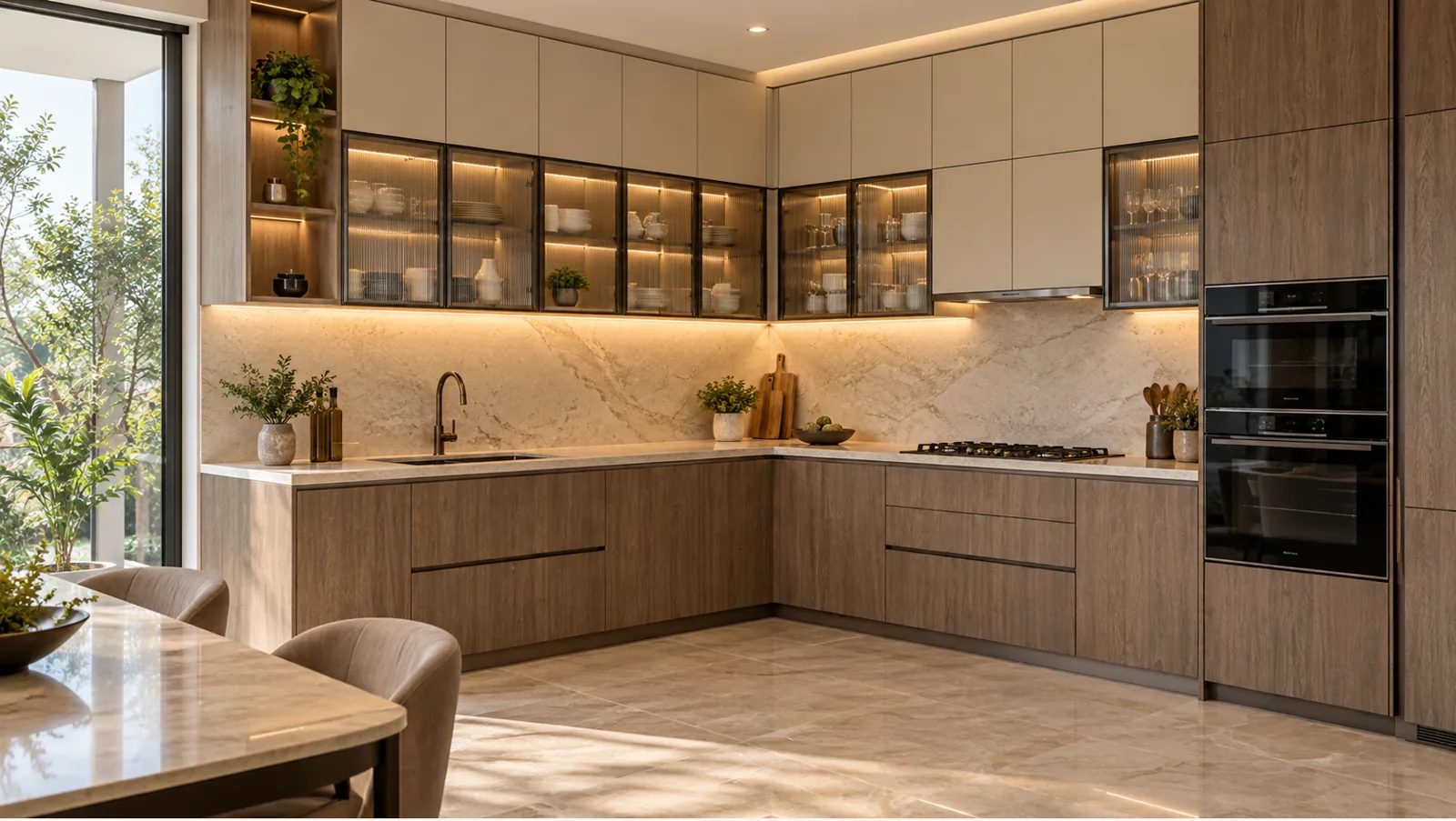 Concept render of brown Wood-Look L-Shaped Kitchen Design with Champagne Overheads