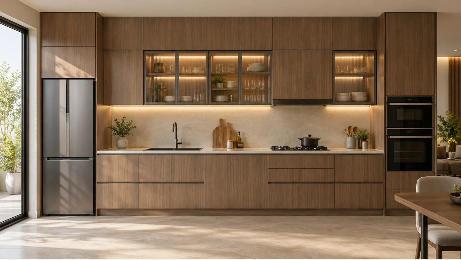 Concept render of brown Wood-Look Straight Kitchen Design with Tall Oven Unit