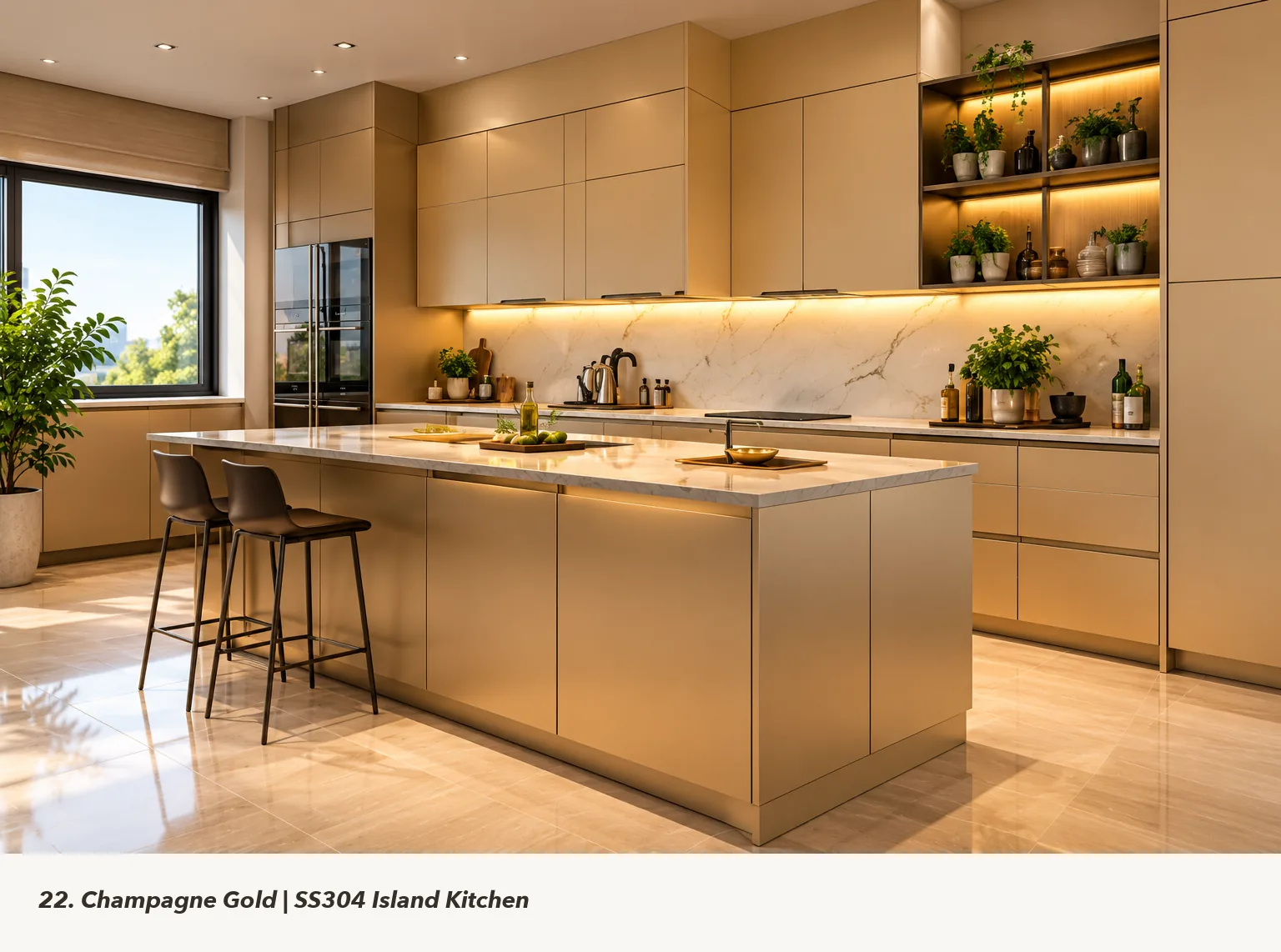 Concept render of champagne Beige Island Kitchen Design with Open Side Shelves