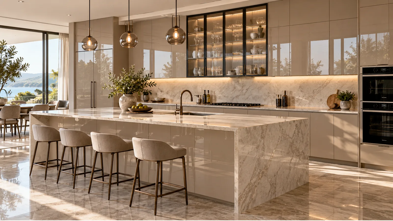 Concept render of champagne Island Kitchen Design with Marble-Look Cabinet Faces