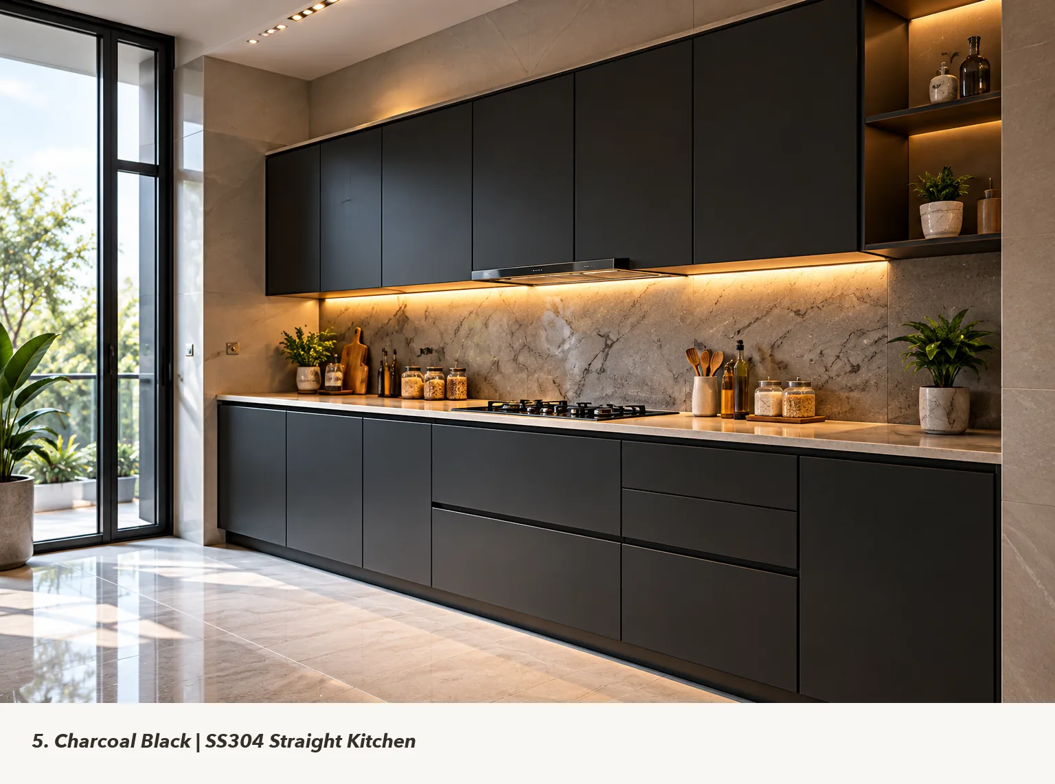 Concept render of charcoal Black Straight Kitchen Design with Marble-Look Backsplash