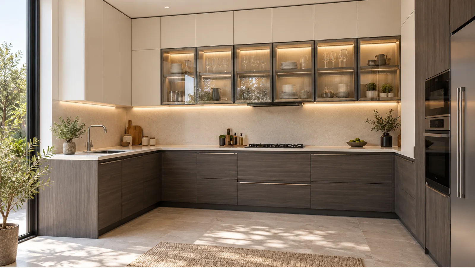 Concept render of charcoal Oak L-Shaped Kitchen Design with Grey Base Cabinets