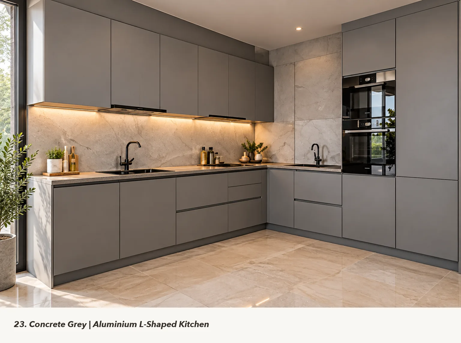 Concept render of concrete Grey L-Shaped Kitchen Design with Seamless Drawers