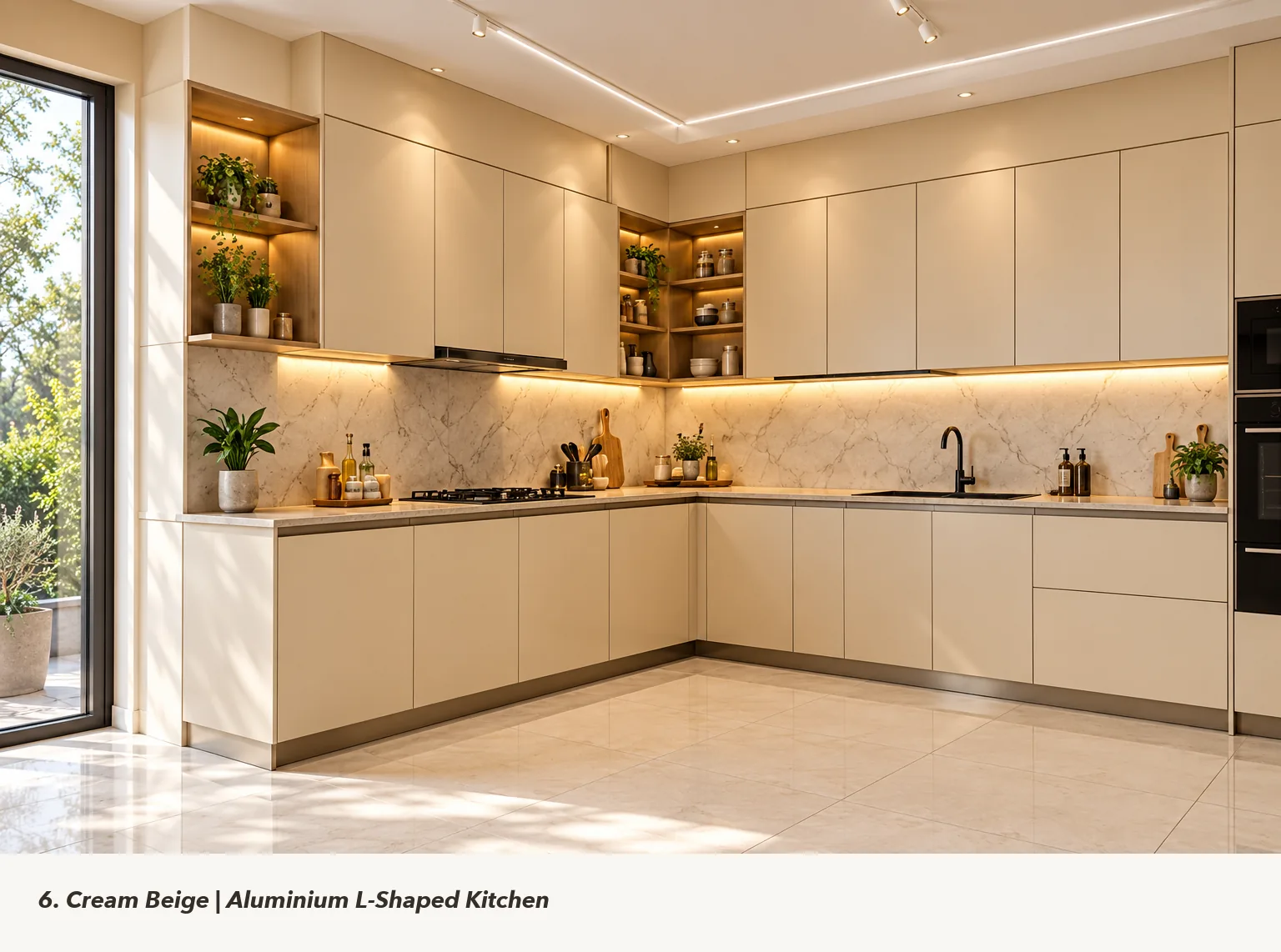 Concept render of cream and Beige L-Shaped Kitchen Design with Open Display Niche