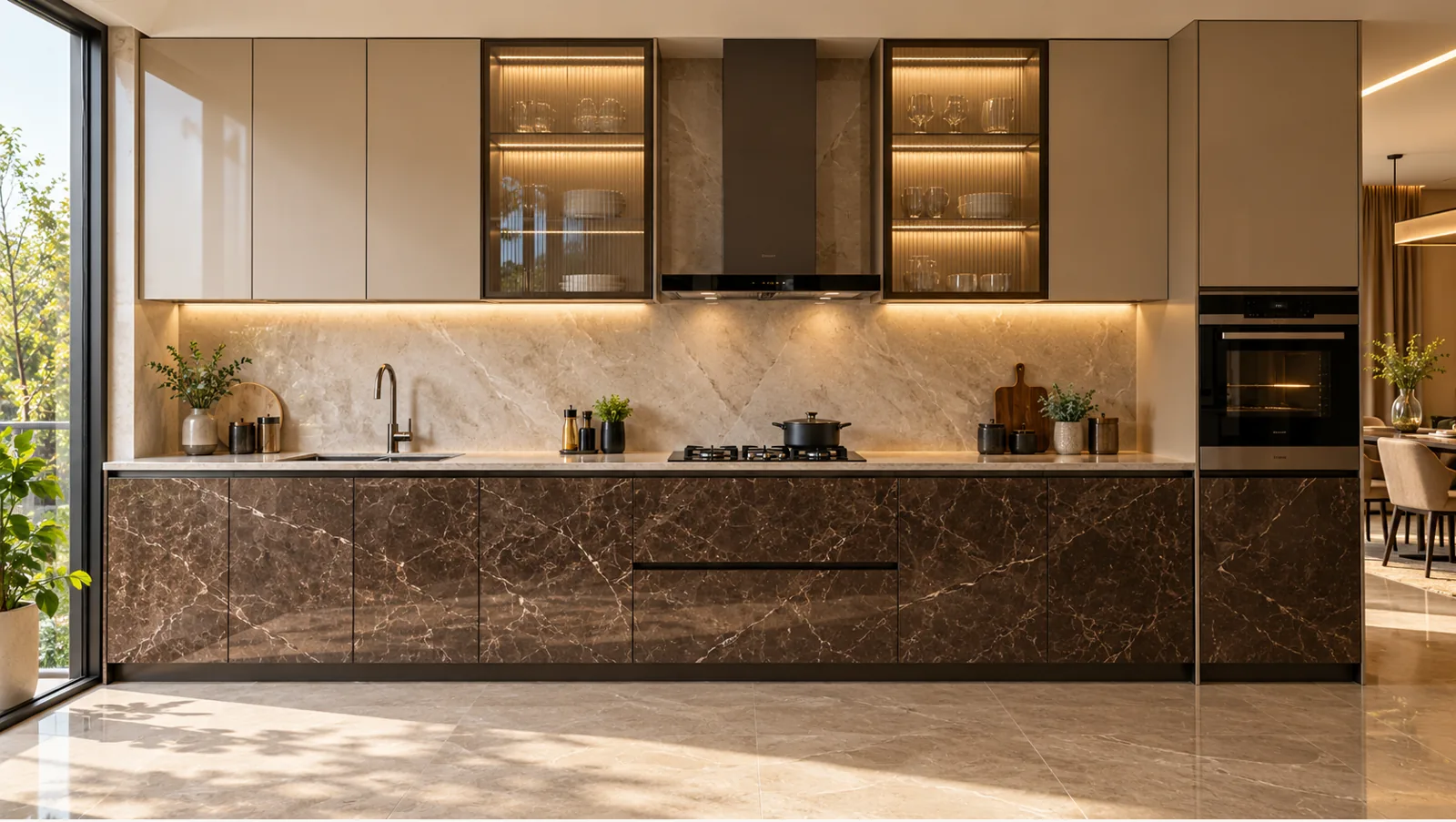 Concept render of dark Marble-Look Straight Kitchen Design with Warm Beige Cabinets