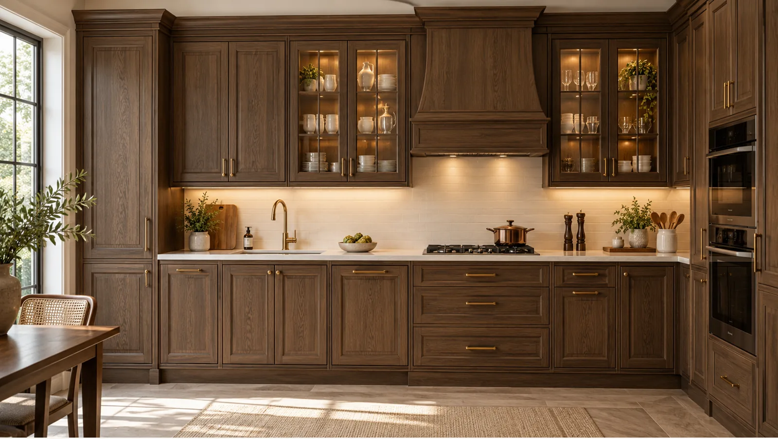 Concept render of dark Oak Straight Kitchen Design with Full Wood-Look Cabinets