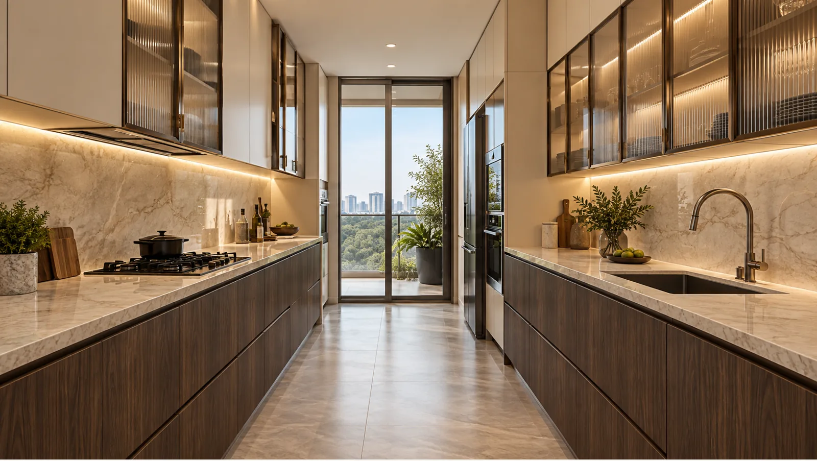 Concept render of dark Wood-Look Parallel Kitchen Design with Off-White Cabinets
