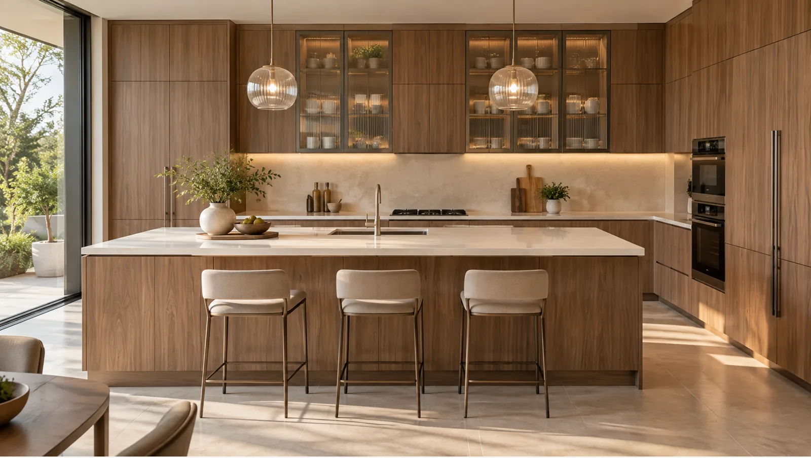 Concept render of deep Wood Island Kitchen Design with White Countertop