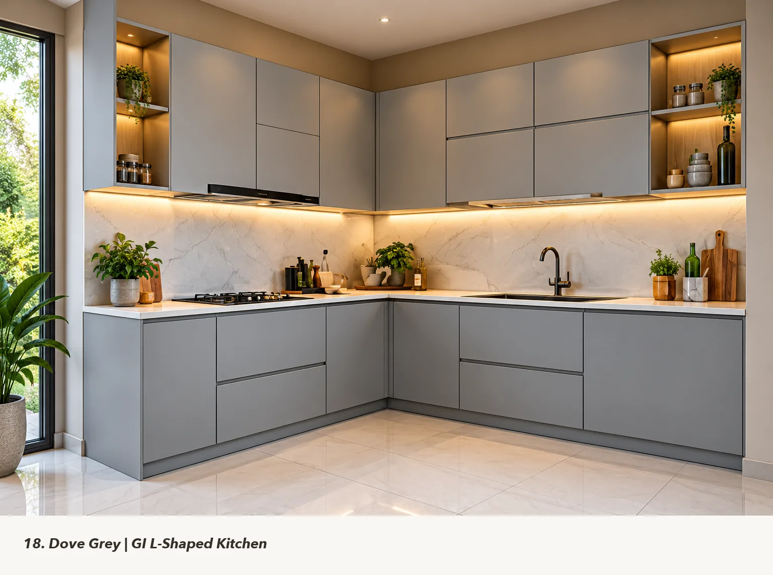 Concept render of dove Grey L-Shaped Kitchen Design with Open Corner Shelves