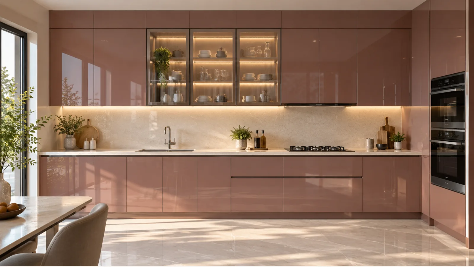 Concept render of dusty Cedar Straight Kitchen Design with Glossy Rose Cabinets