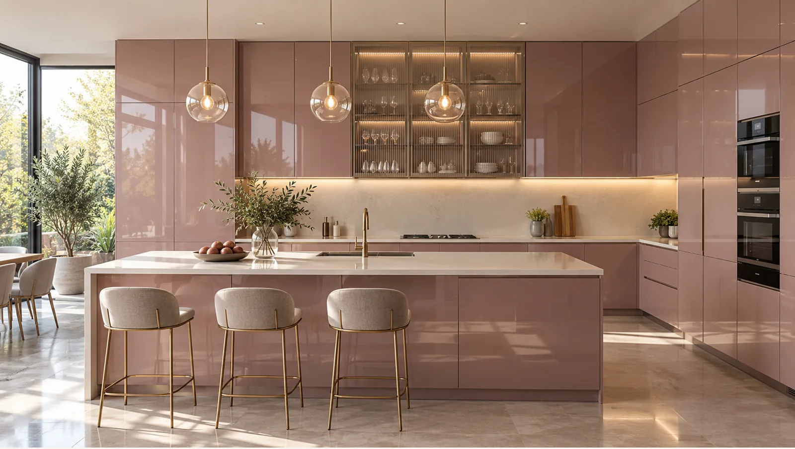 Concept render of dusty Rose Island Kitchen Design with Glass Display Cabinets