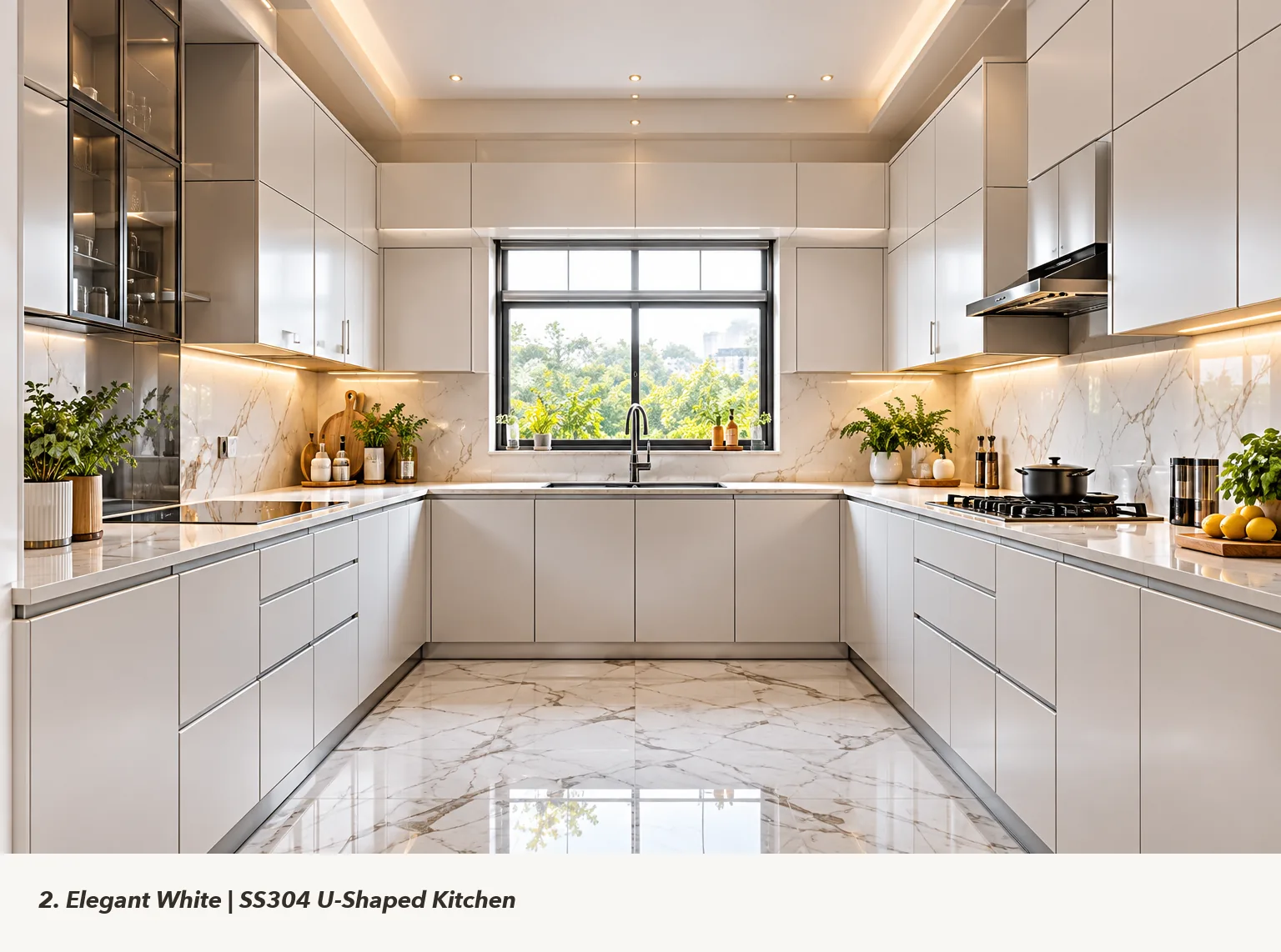 Concept render of elegant White U-Shaped Kitchen Design with Marble-Look Backsplash