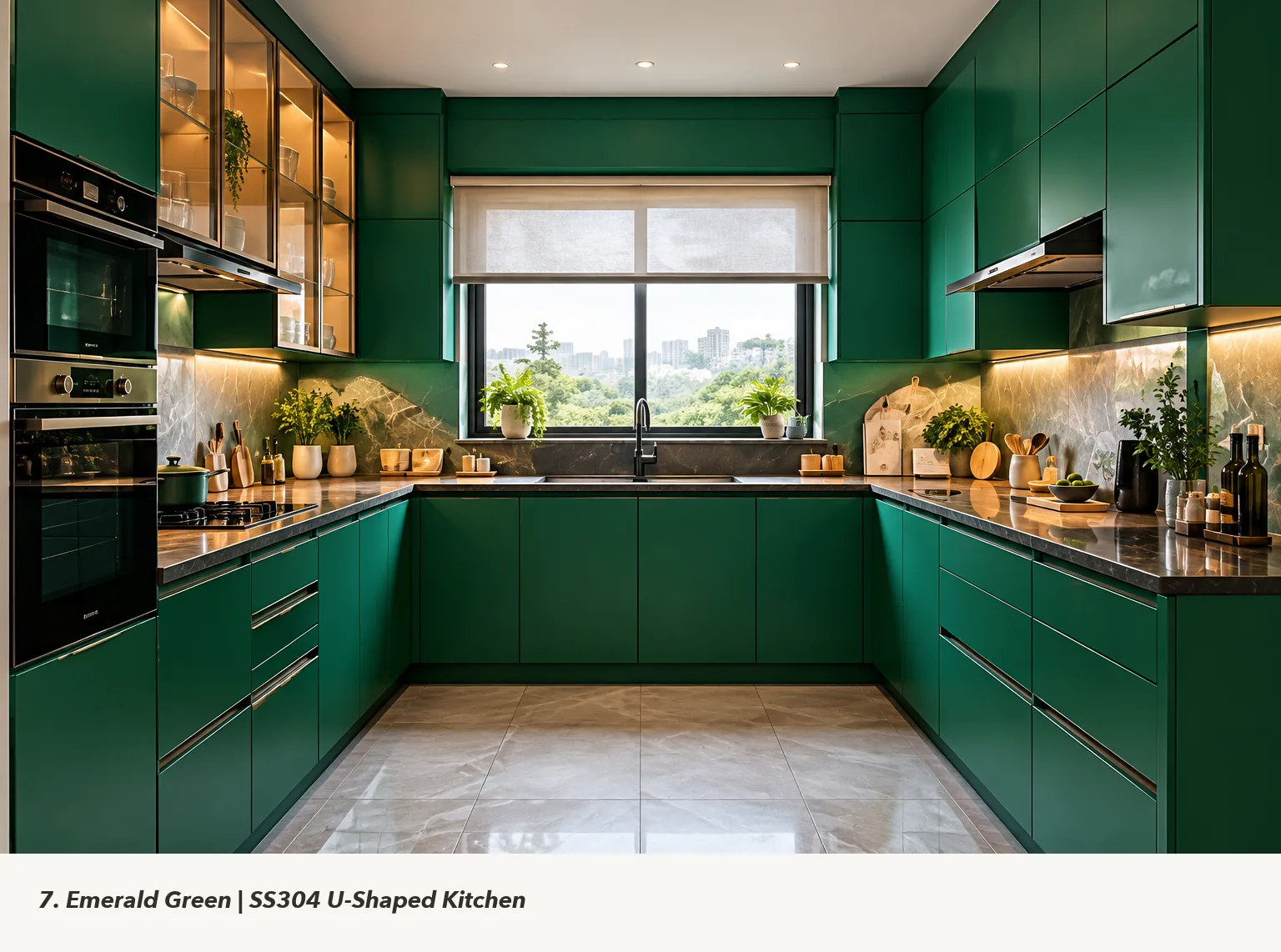 Concept render of emerald Green U-Shaped Kitchen Design with Window-Side Sink