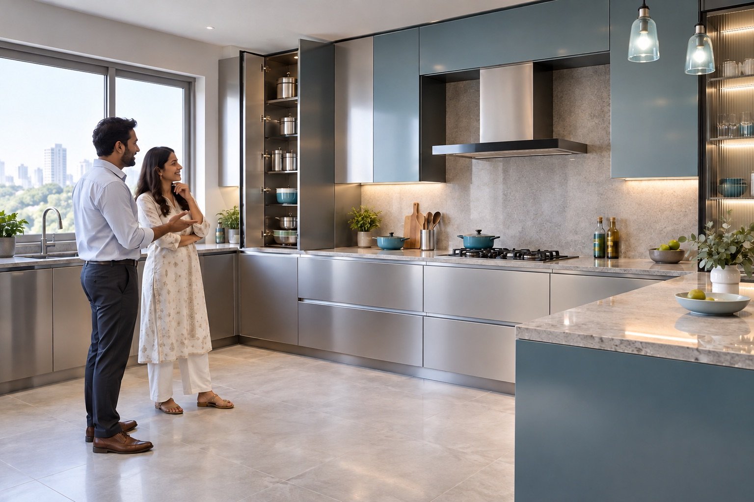 Finished steel kitchen in Hyderabad with stainless steel and aluminium cabinetry