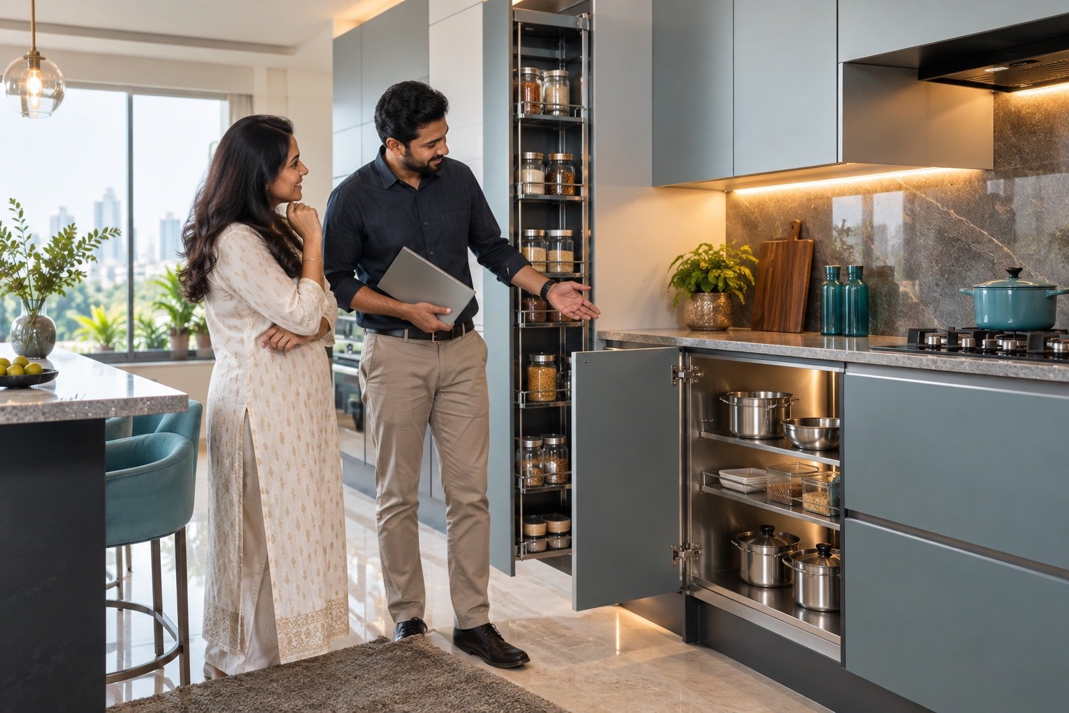 Finished termite-resistant steel kitchen with stainless steel cabinet interiors