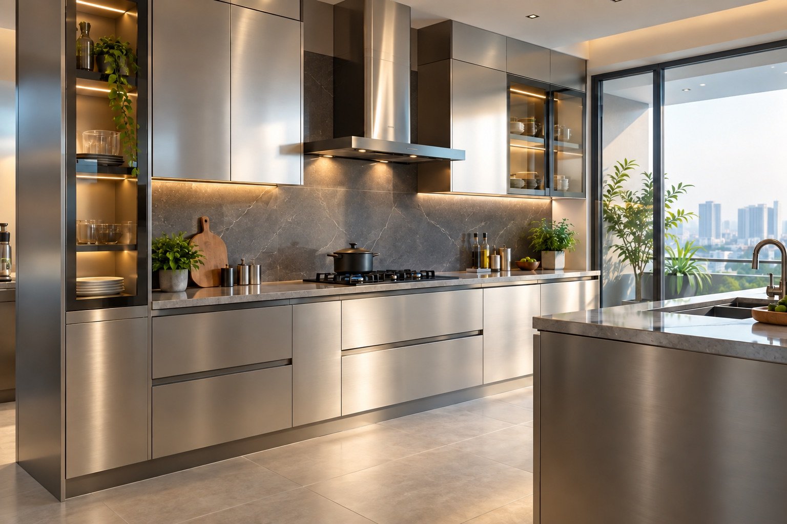 Fire-resistant kitchen cabinets in a premium stainless steel modular kitchen in Hyderabad