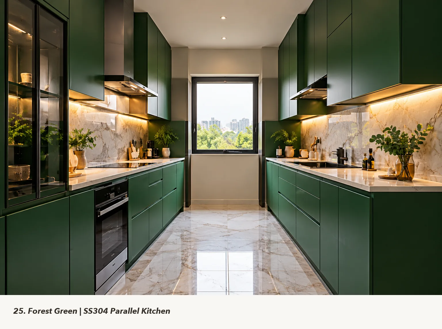 Concept render of forest Green Parallel Kitchen Design with Window-End Sink