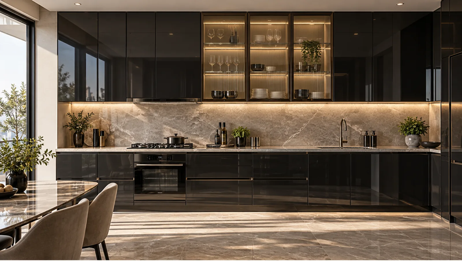 Concept render of glossy Black Straight Kitchen Design with Lit Glass Cabinets