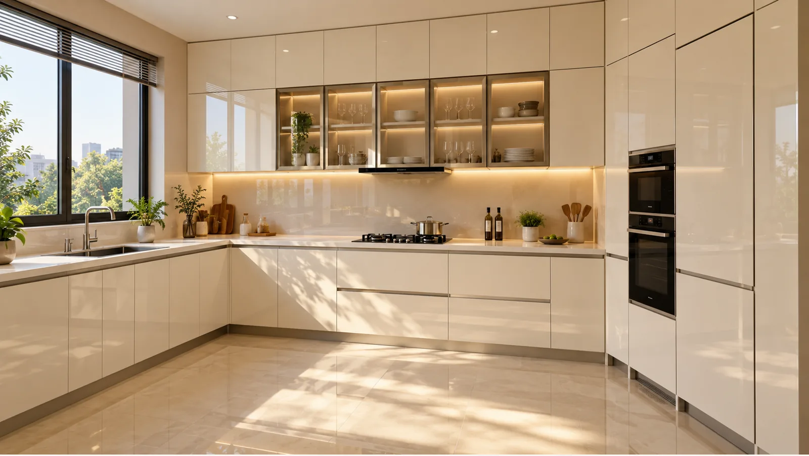Concept render of glossy Off-White L-Shaped Kitchen Design with Seamless Cabinets