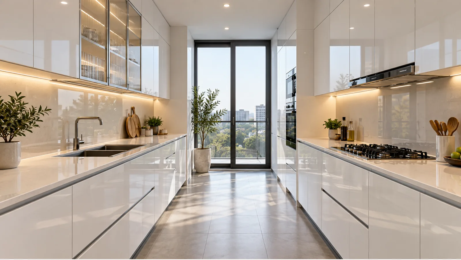 Concept render of glossy White Parallel Kitchen Design with Glass Overheads