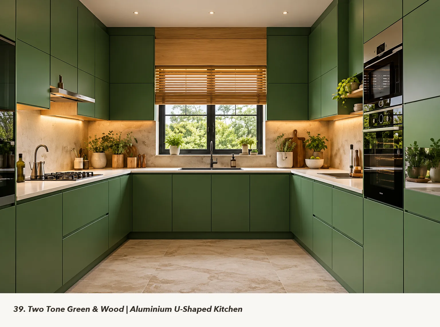 Concept render of green U-Shaped Kitchen Design with Wood-Look Overheads