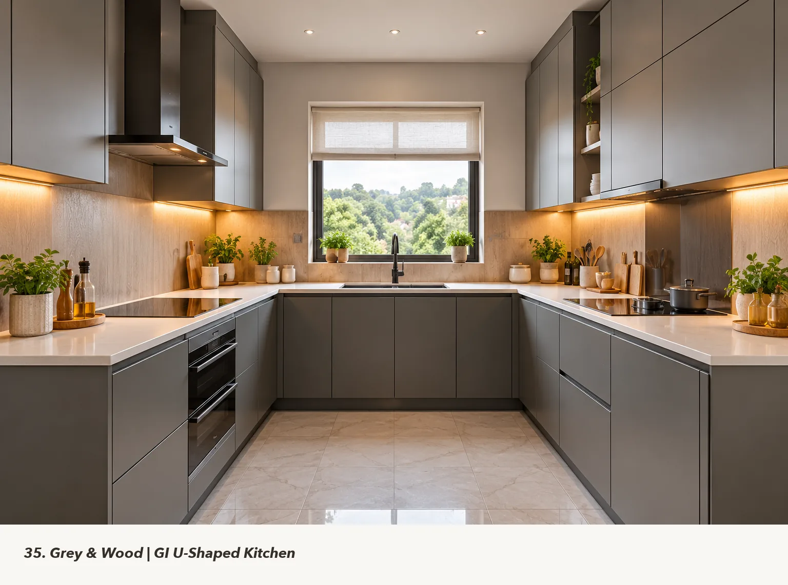 Concept render of grey and Wood U-Shaped Kitchen Design with Glass Overheads