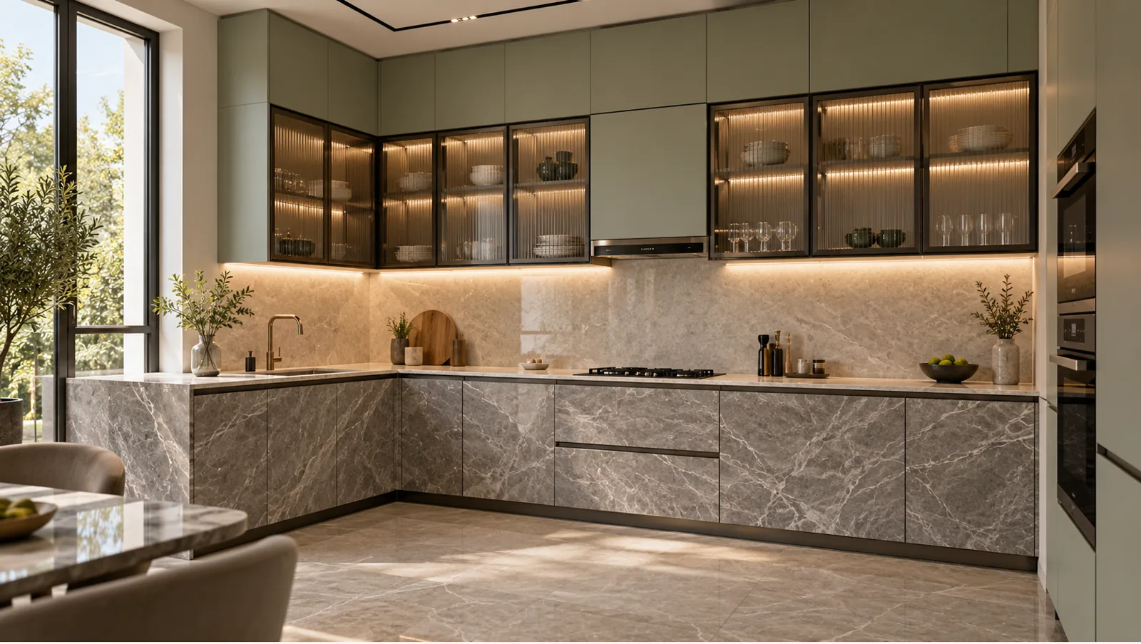Concept render of grey Marble-Look L-Shaped Kitchen Design with Sage Overheads
