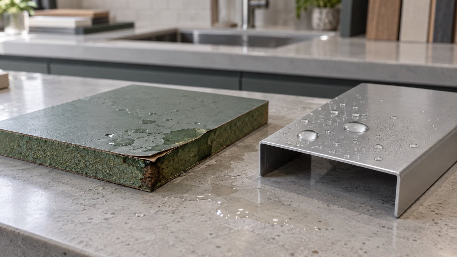 Moisture-affected board cabinet edge beside a stable aluminium cabinet panel