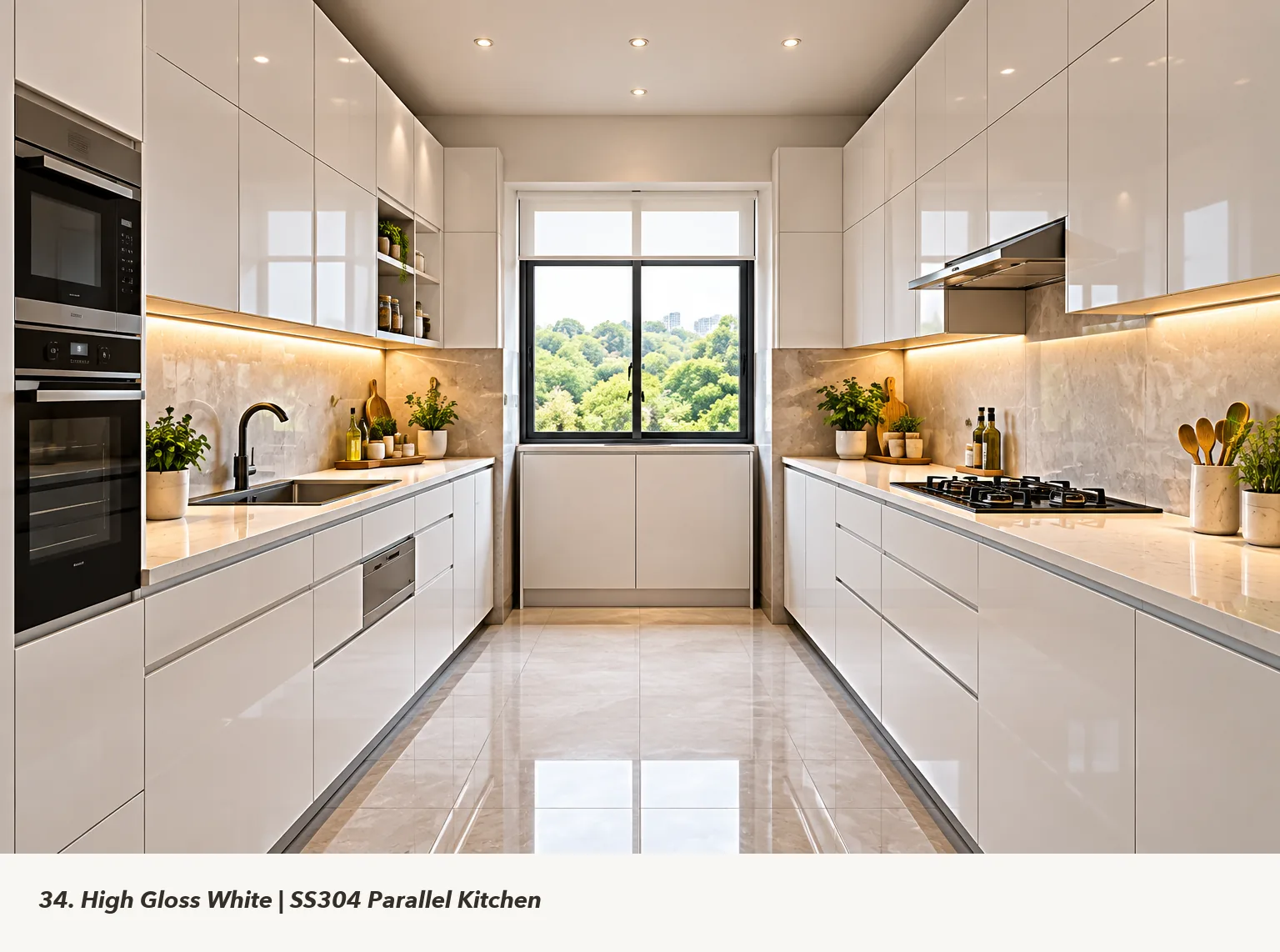 Concept render of high-Gloss White Parallel Kitchen Design with Window-End Sink
