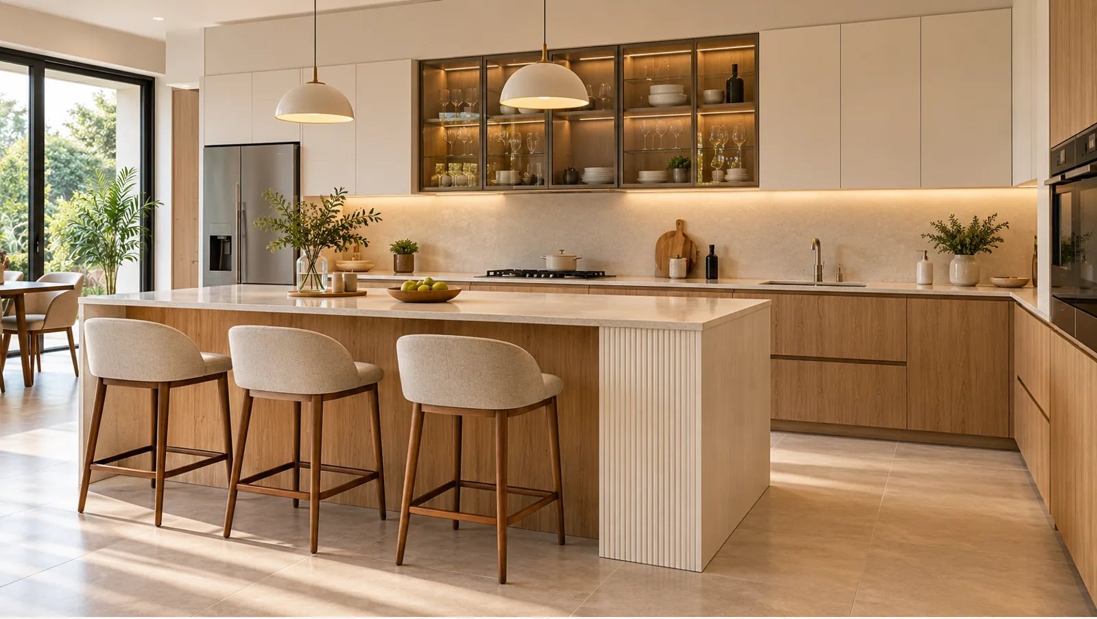 Concept render of honey Oak and Off-White Island Kitchen Design with Fluted Accent