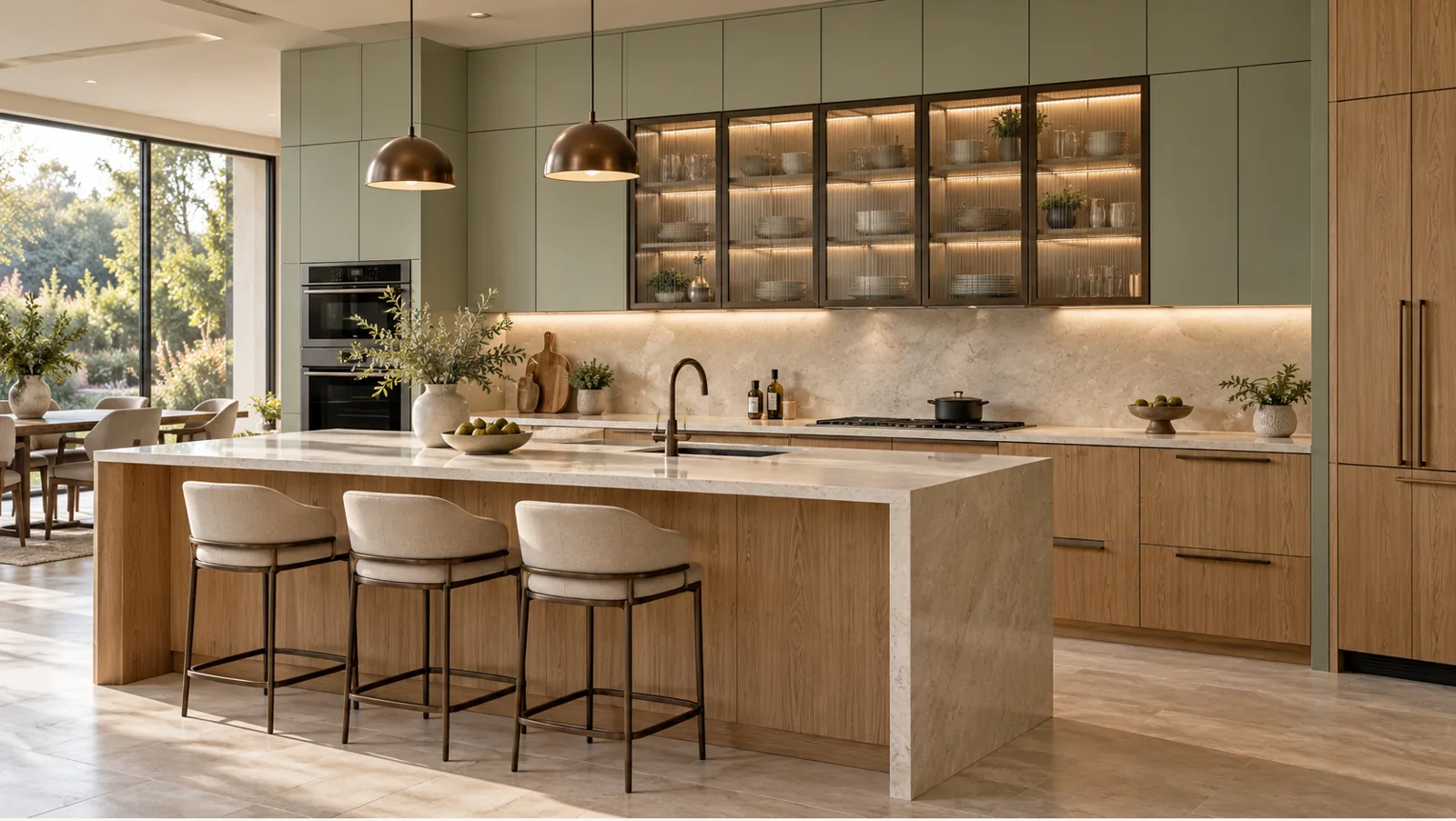 Concept render of honey Oak and Pale Green Island Kitchen Design