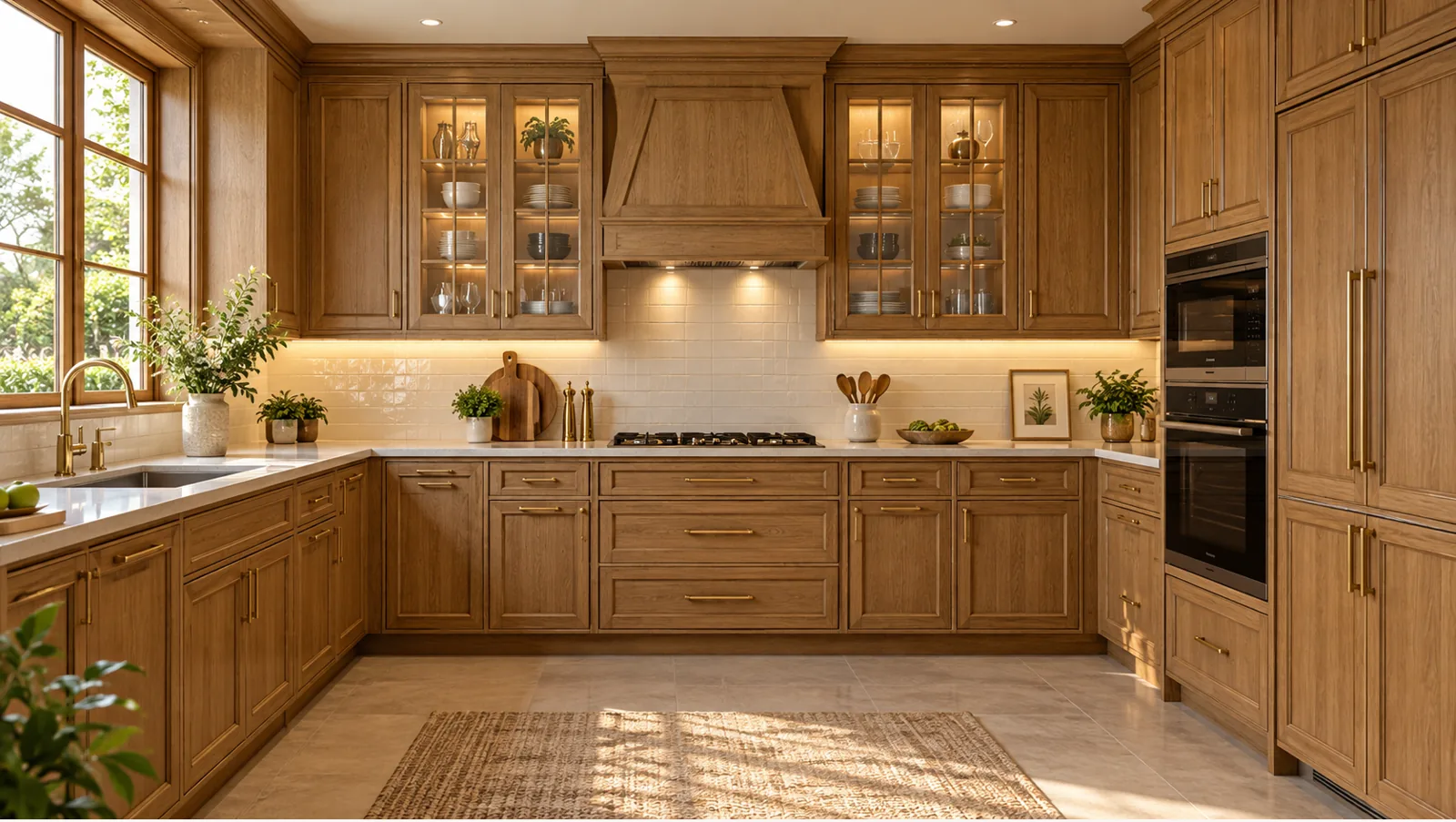 Concept render of honey Oak L-Shaped Kitchen Design with Classic Framed Cabinets