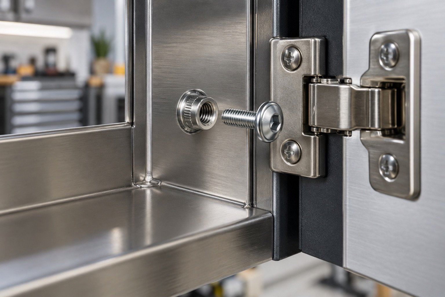 Insert Nut Fastening System in a termite-resistant metal kitchen cabinet