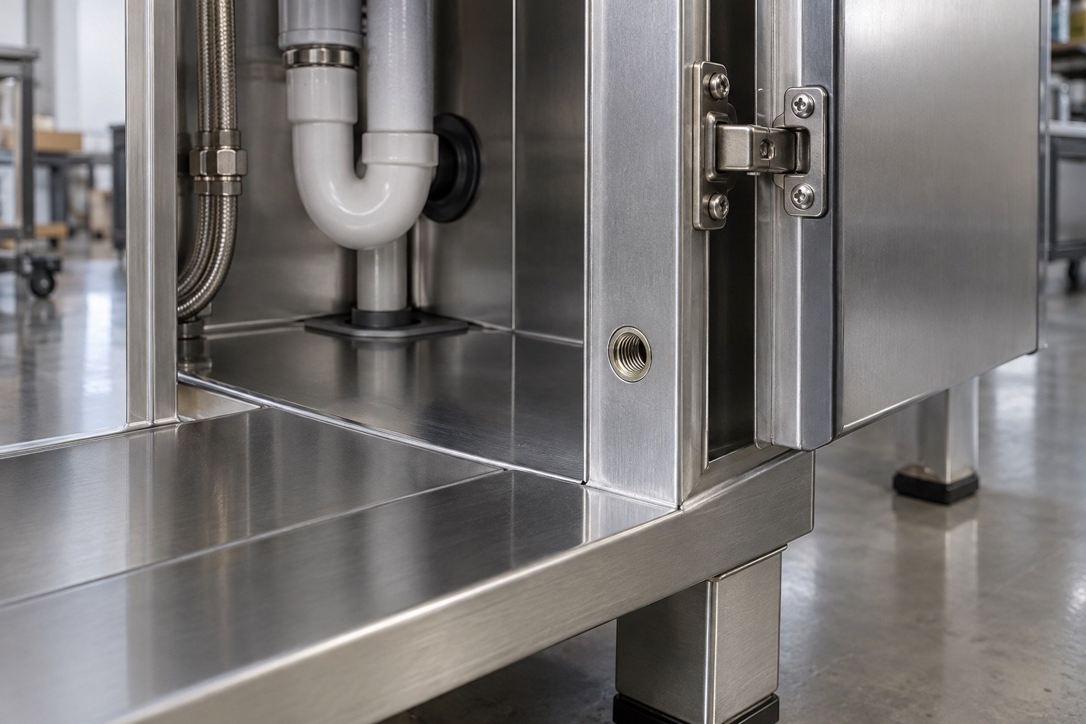 Insert Nut Fastening System in a stainless steel under-sink cabinet