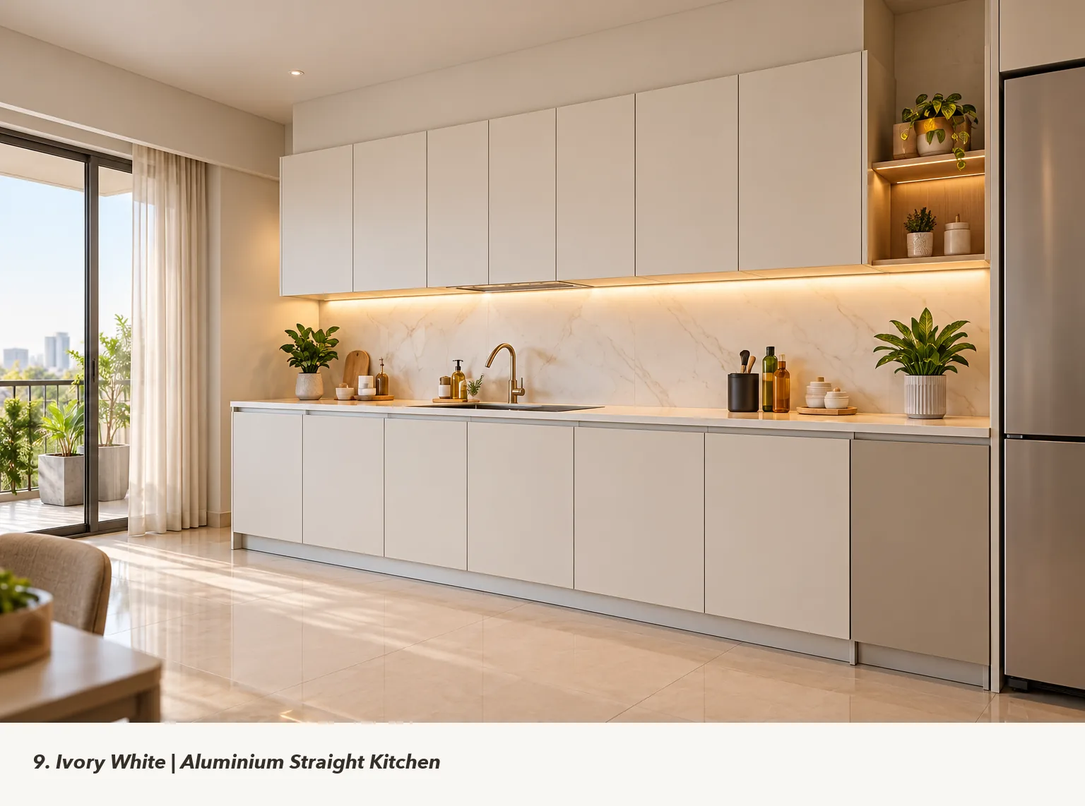 Concept render of ivory White Straight Kitchen Design with Open Wood Shelf