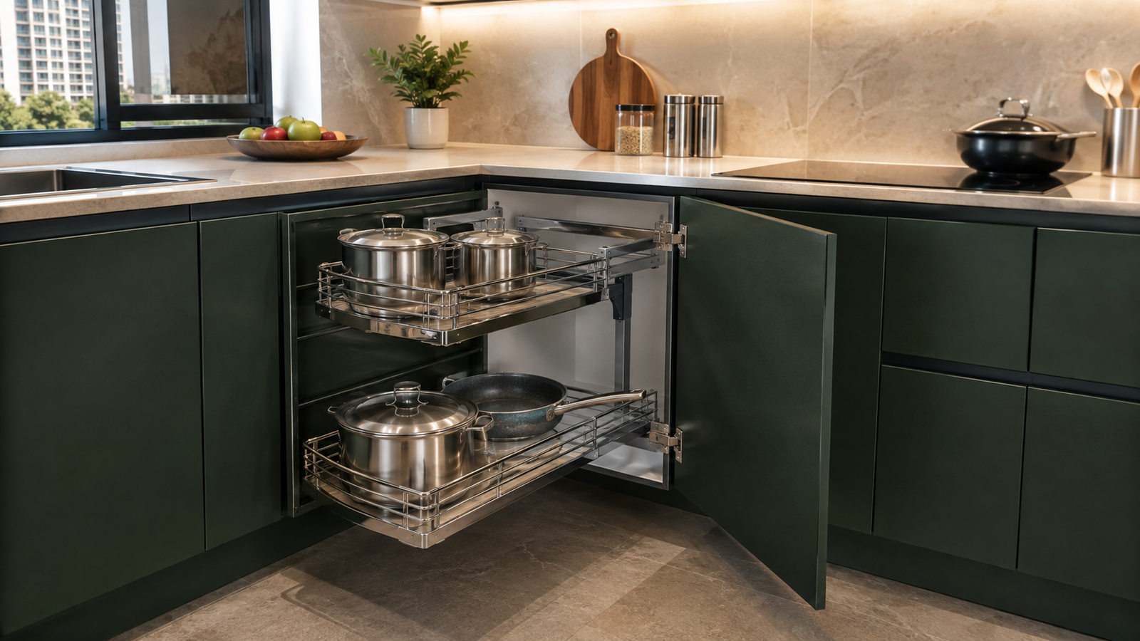 Kitchen corner units Hyderabad with magic corner pull out baskets