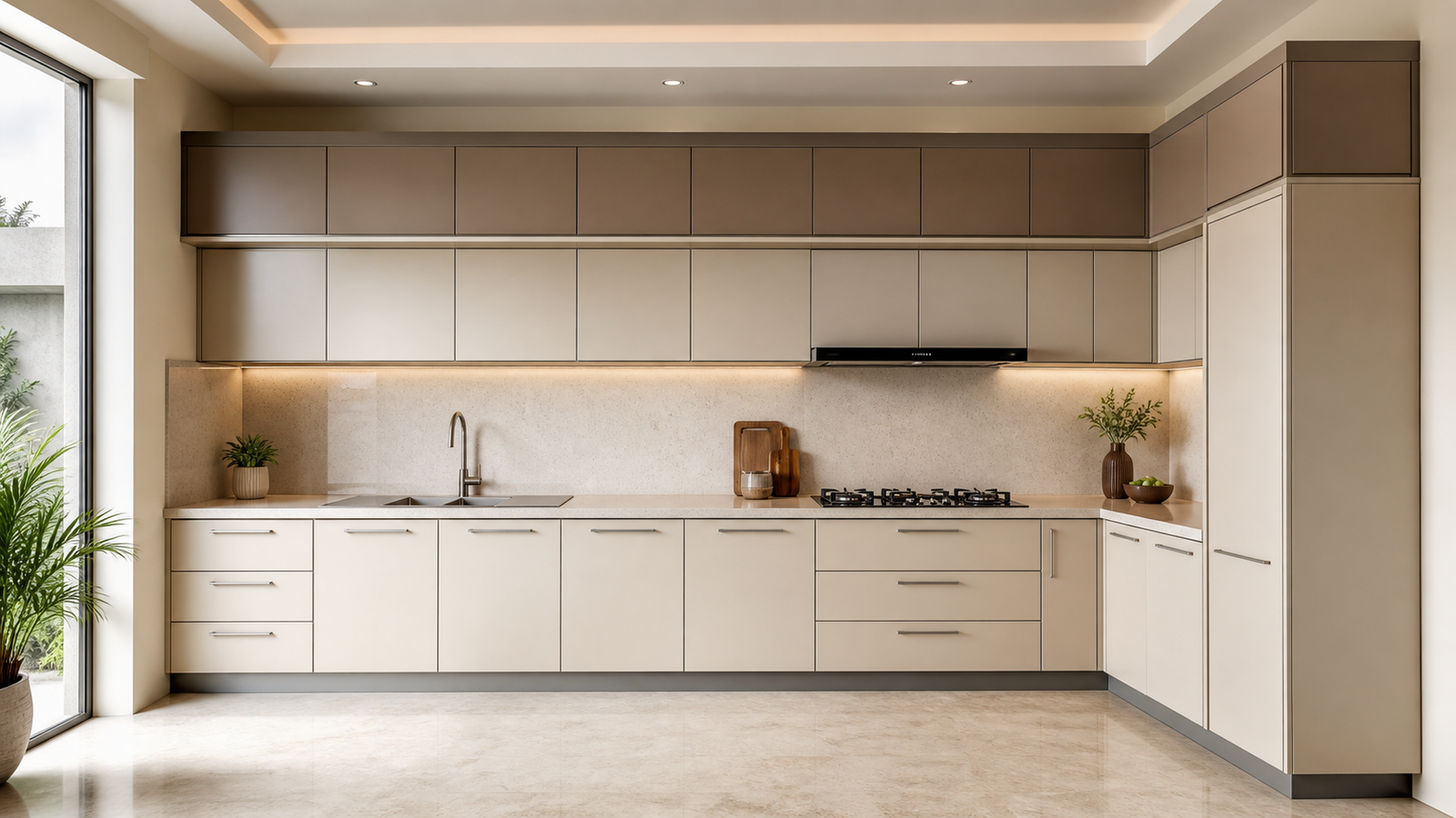 Photorealistic L-shaped metal kitchen finish preview